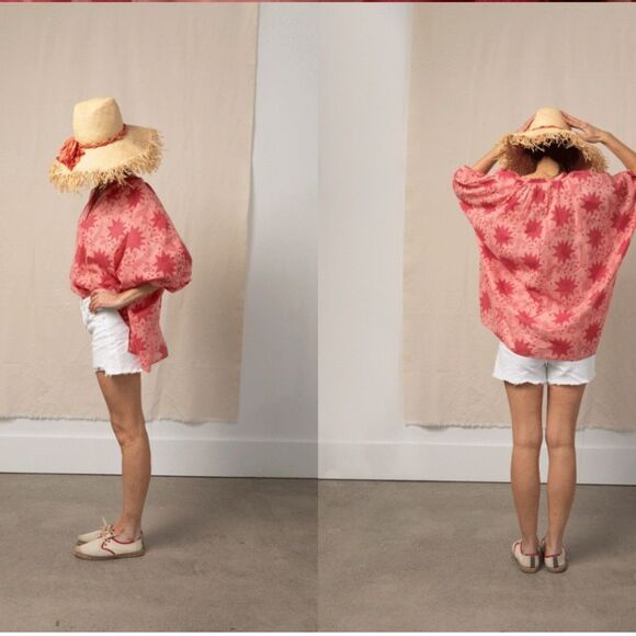 New VIRGINIA JOHNSON ARTIST TUNIC  RED/PINK DRAGONFLOWER - Picture 9 of 10